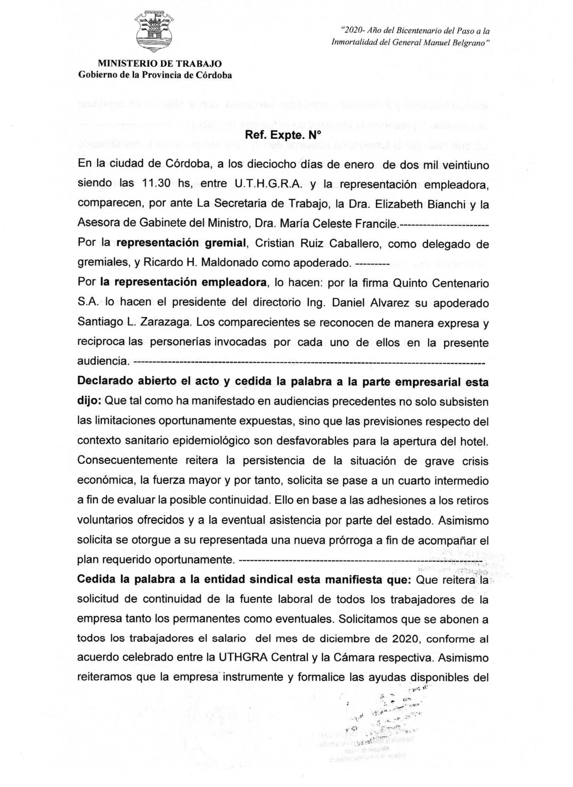 Audiencia en el Ministerio de Trabajo - Quinto Centenario S.A